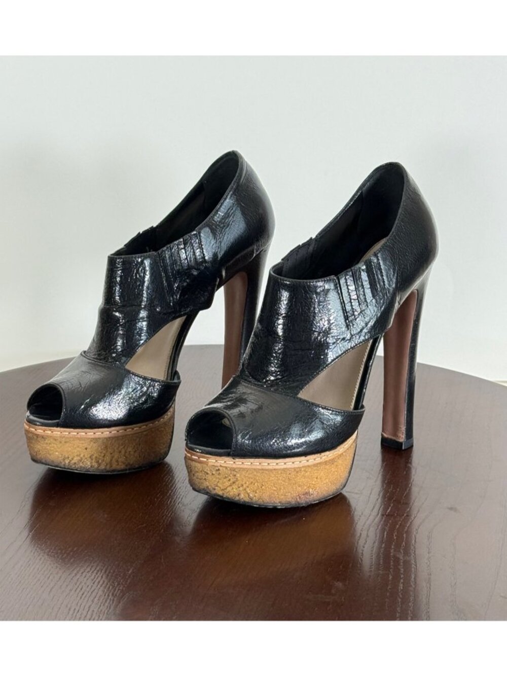 PRADA Black Crackled Patent Leather Platform Heels Black Made in Italy